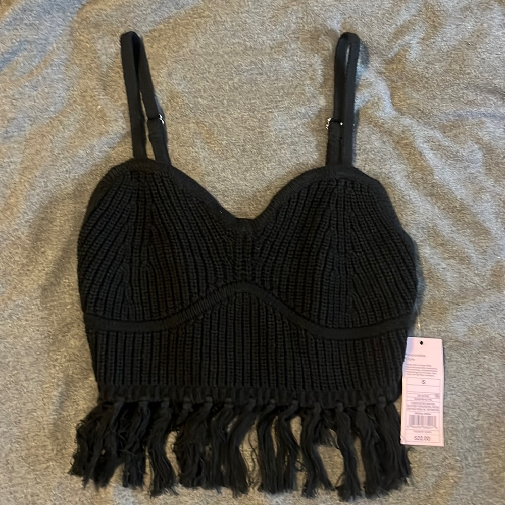 nwt black crochet crop fringe tank wild fable size s